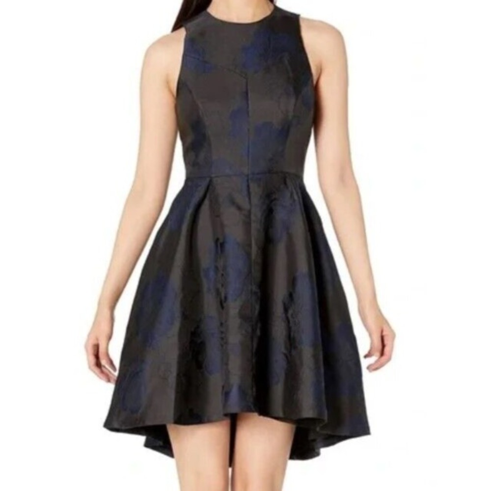 Halston Heritage Fit & Flare Dress Sz 12 Black Blue Floral‎ Sleeveless NWOT